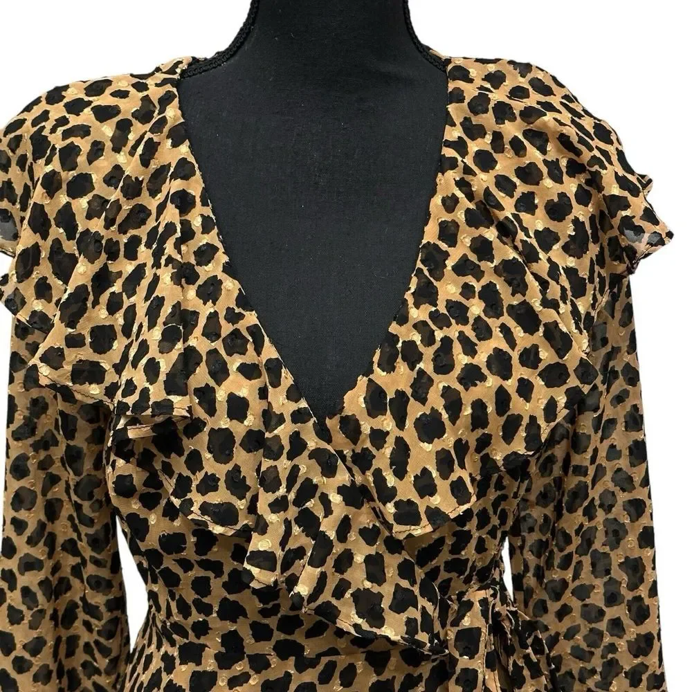 Free People Frenchie Leopard‎ Print Wrap Mini Dress  XS Long Sleeves Ruffle NWT
